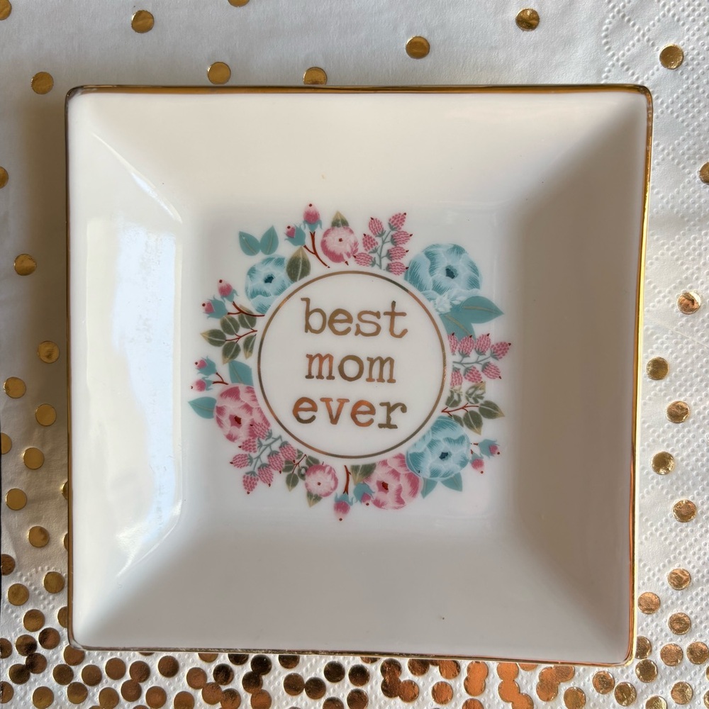 'Mary Square/Best Mom Ever' Floral Trinket Dish - White with Gold Accents